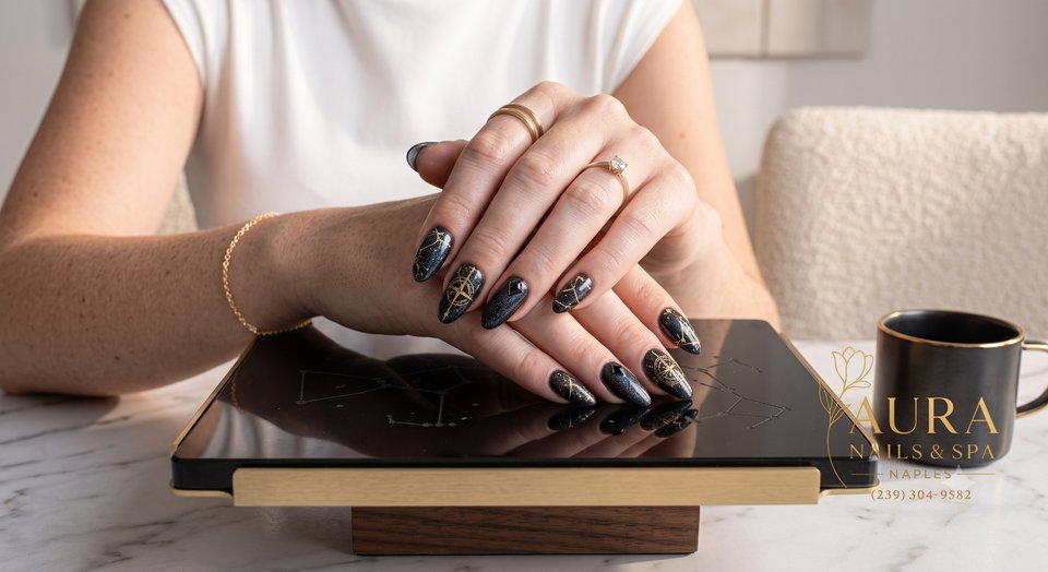 Manicure station with polished tools and bright lighting.