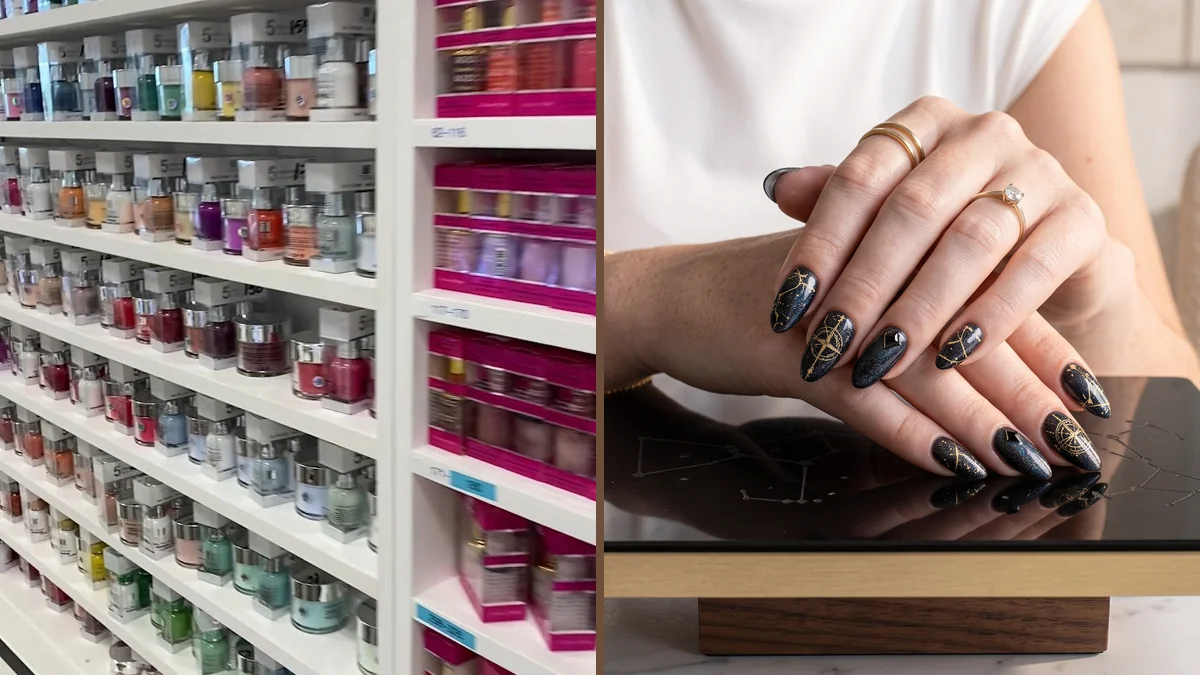 Colorful nail polish display in a clean salon.
